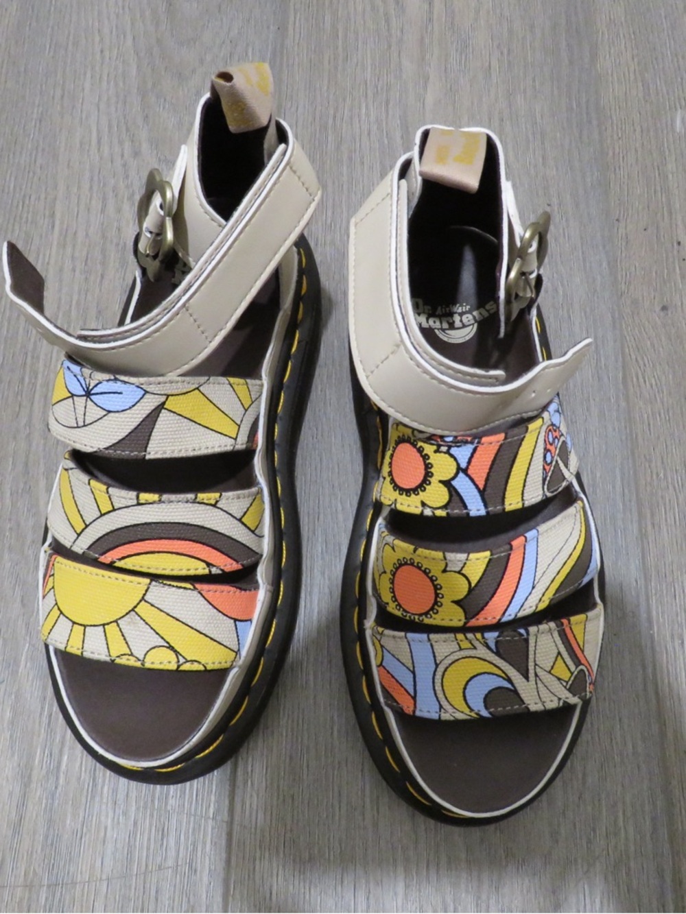 Dr. Martens Retro Floral Platform Sandals in Cream, Yellow & Orange